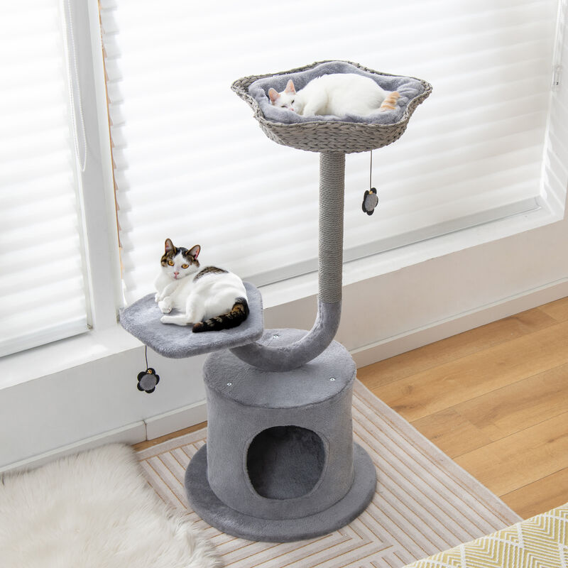 42" Tall Cat Tower with Curved Metal Supporting Frame for Large & Small Cats-Grey