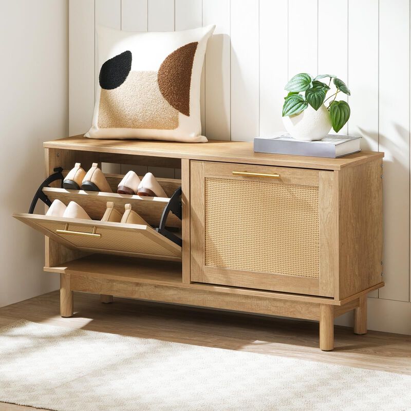 Rattan Shoe Bench with Flip-Top Drawers, Storage Organizer for Entryway image number 1