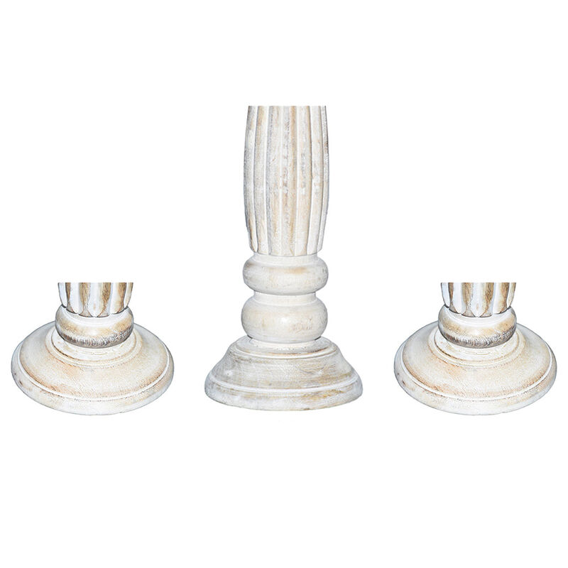 Traditional Antique White Eco-friendly Handmade Mango Wood Set Of Three 6",12" & 6" Pillar Candle Holder