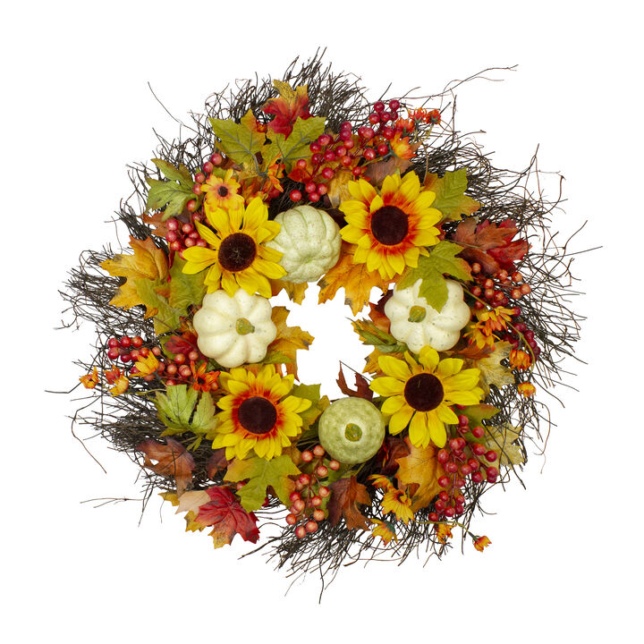 Sunflowers and Gourds Artificial Thanksgiving Wreath - 26-Inch  Unlit