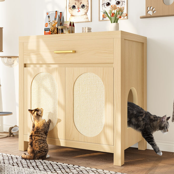 Whisen 31.5" Pet Furniture, Cat Litter Box Enclosure with Sisal Scratcher, MDF Hidden Litter Cabinet with Drawer