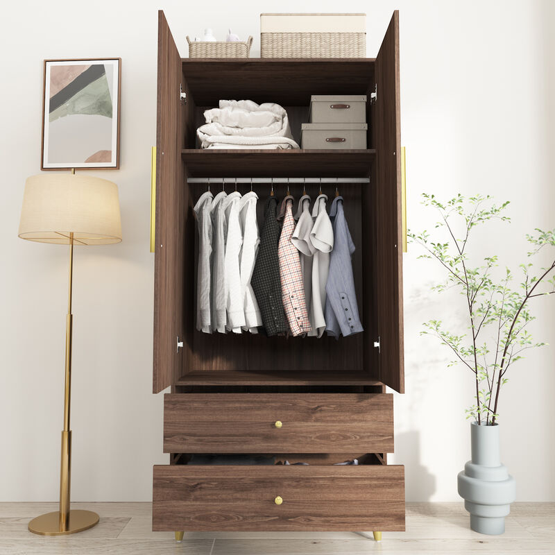 2-Drawers Kids Armoires Wardrobe With Hanging Rods, Drawers, Shelves (19.1 in. D x 31.5 in. W x 71.1 in. H)