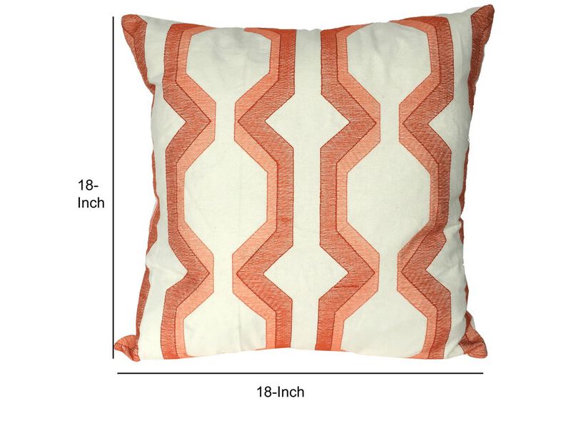 Contemporary Cotton Pillow with Geometric Embroidery, Red and White - Benzara