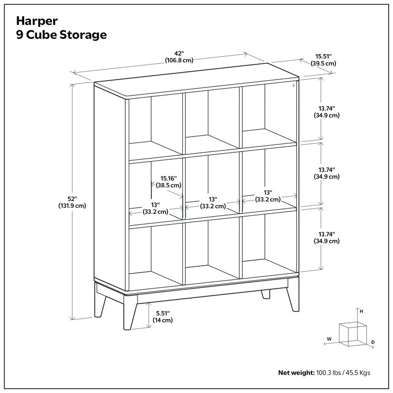 Harper SOLID HARDWOOD 52 inch x 42 inch Mid Century Modern 9 Cube Storage in Walnut Brown