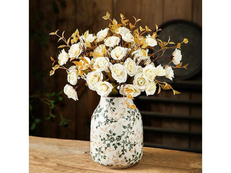 7.8" Green & Beige Ceramic Vase &ndash; Vintage Chinoiserie Rustic Centerpiece image number 1