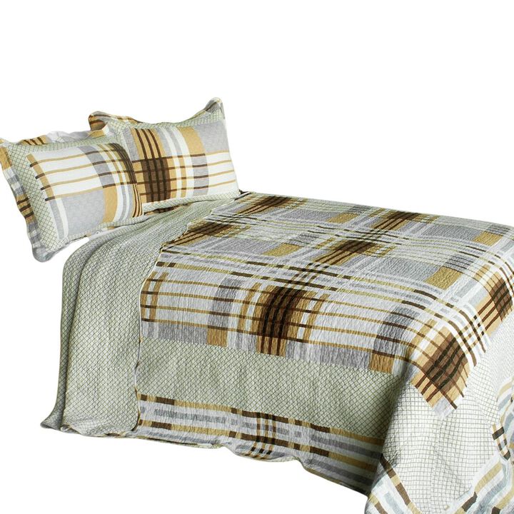 Queen Size 3-Piece Cotton Quilted Printed Quilt Set with Matching Pillow Shams