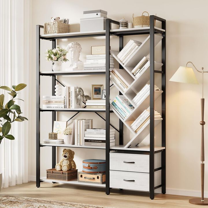 Bookshelf, 5 Tier Bookshelves with Tree Display Shelves, 65&rdquo; Tall Floor Standing Bookcase with 2 Drawers and 6 Adjustable Feet for Home, Office