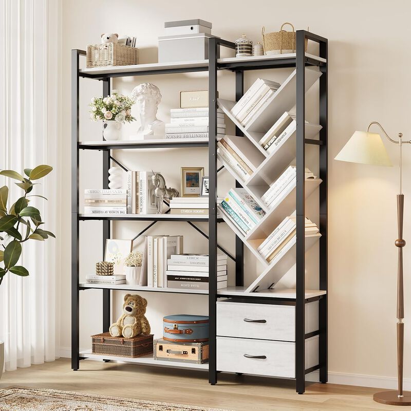 Bookshelf, 5 Tier Bookshelves with Tree Display Shelves, 65&rdquo; Tall Floor Standing Bookcase with 2 Drawers and 6 Adjustable Feet for Home, Office image number 1