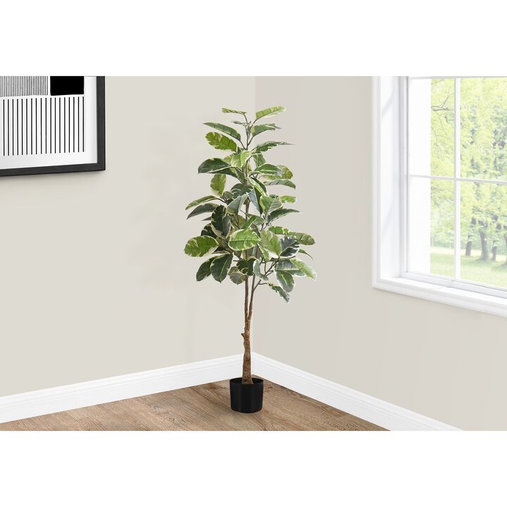 Monarch Specialties I 9513 - Artificial Plant, 52" Tall, Rubber Tree, Indoor, Faux, Fake, Floor, Greenery, Potted, Real Touch, Decorative, Green Leaves, Black Pot