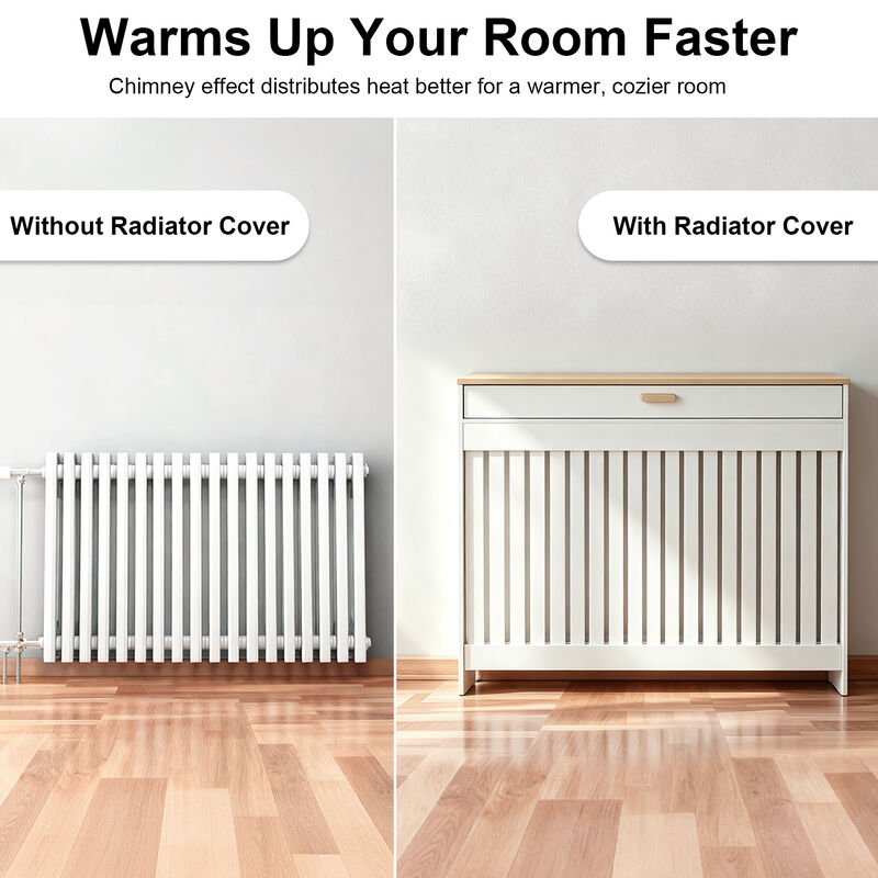 Radiator Cover with Drawer Shelf White Oak Finish Vertical MDF Slat Cabinet image number 6