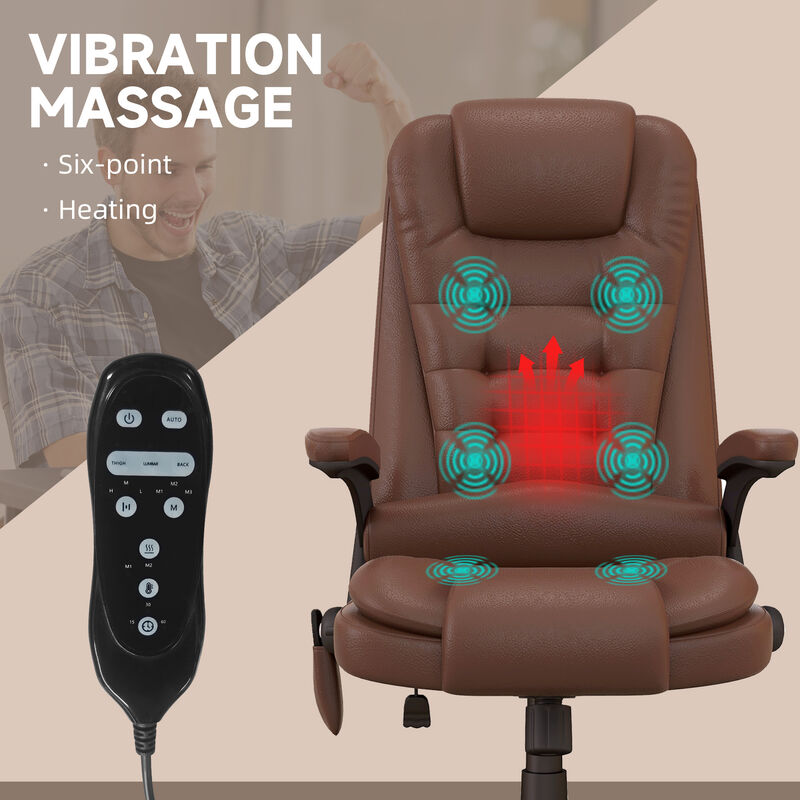 HOMCOM High Back Vibration Massage Office Chair with 6 Vibration Points, Heated Reclining PU Leather Computer Chair with Armrest and Remote, Brown