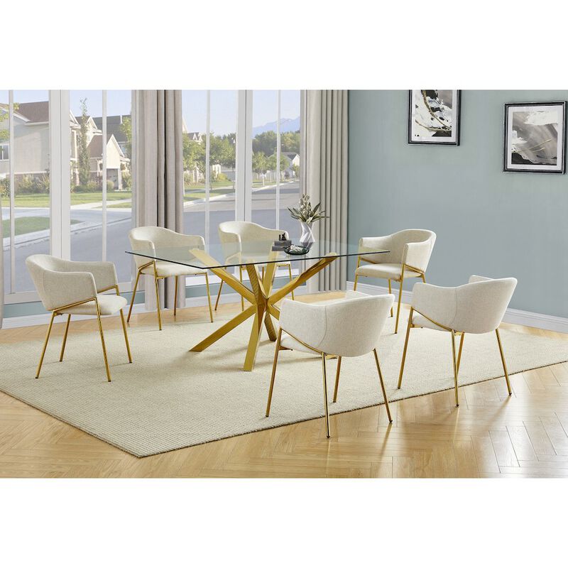 Best Quality Furniture 7Pc Rectangle Tempered Glass Dining Table With 6 Beige Side Chairs