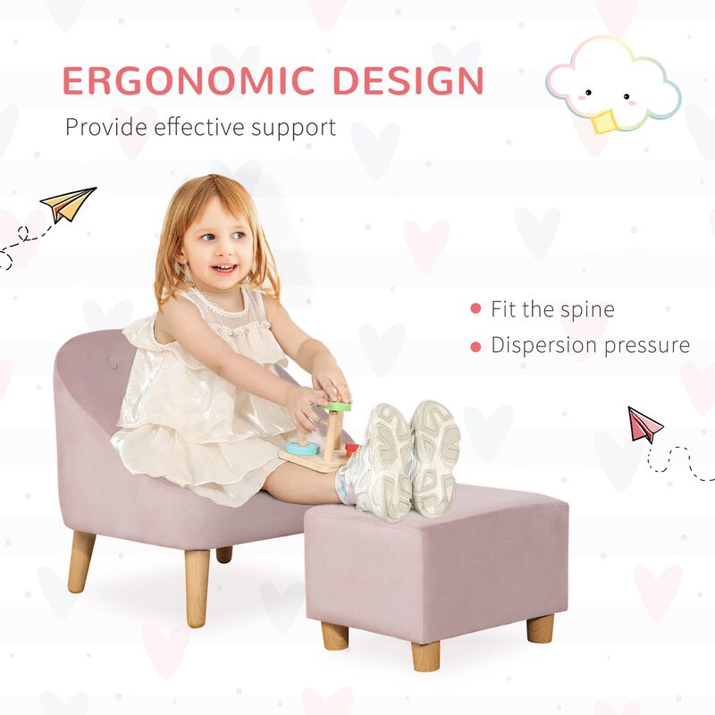 Kids Sofa Set, Toddler Chair, Sofa & Ottoman for Bedroom, Playroom, Children's Couch for 3-5 Years, Pink