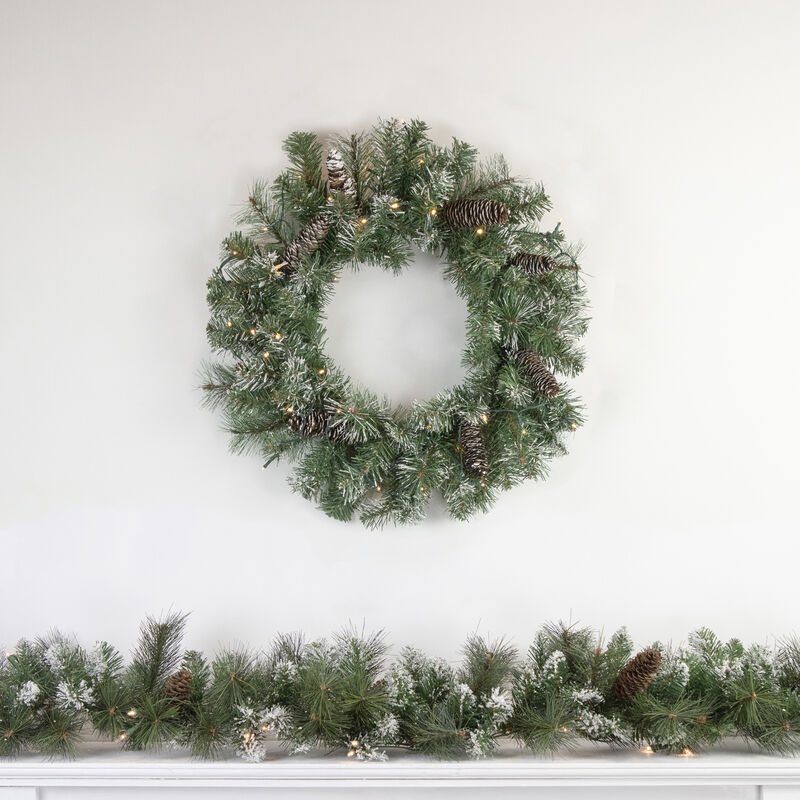 24" Pre-Lit Artificial Frosted Pine and Pine Cone Christmas Wreath image number 1