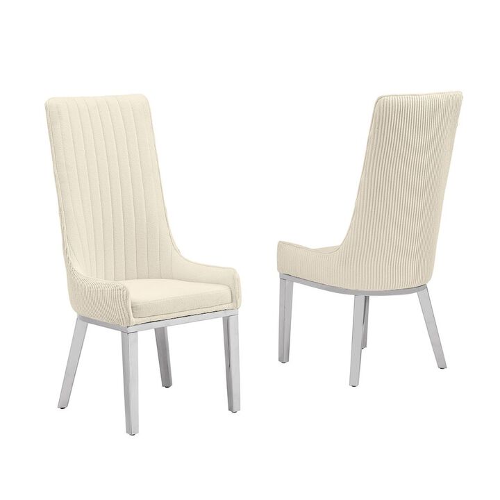 Best Quality Furniture Cream, Teddy Fabric, Pleated Back Side Chair With Silver Base, Set Of Two