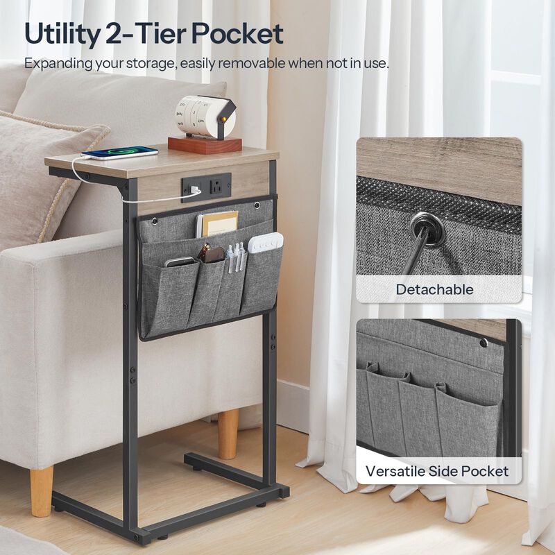 HOOBRO C Shaped End Table with Charging Station, 28"" Tall Couch Table for Couch and Recliner for Small Spaces, Slide Under Sofa