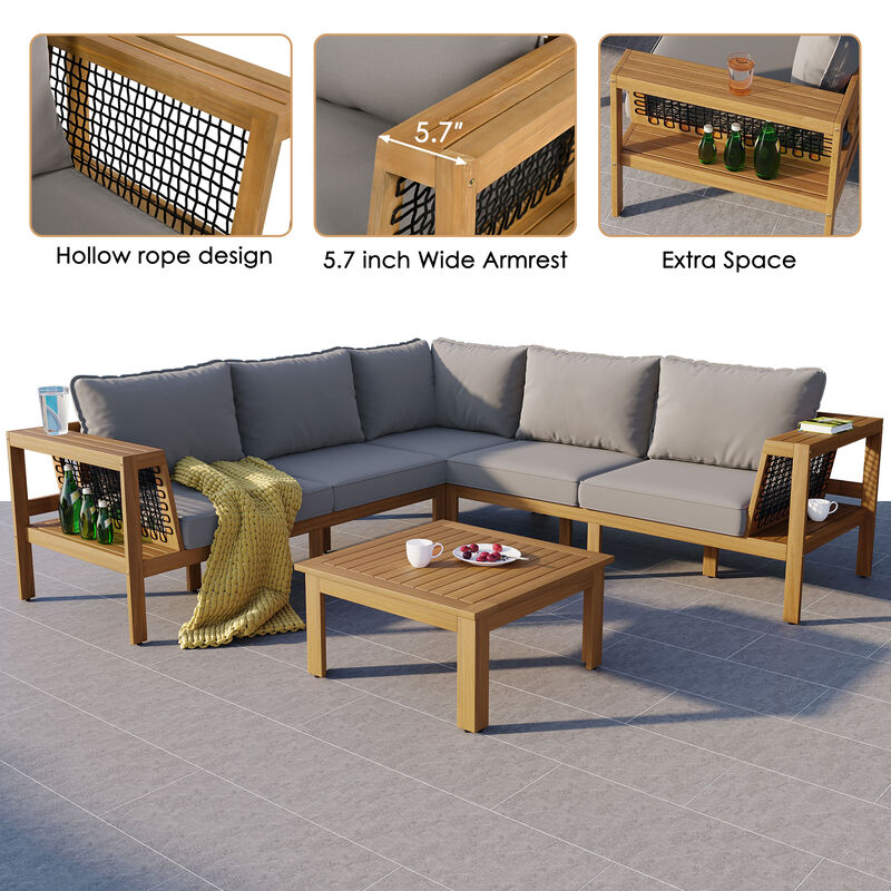 Whisen 4-Piece Acacia Wood Outdoor L-Shaped Sofa Set with Woven Mesh Armrests and Coffee Table image number 5