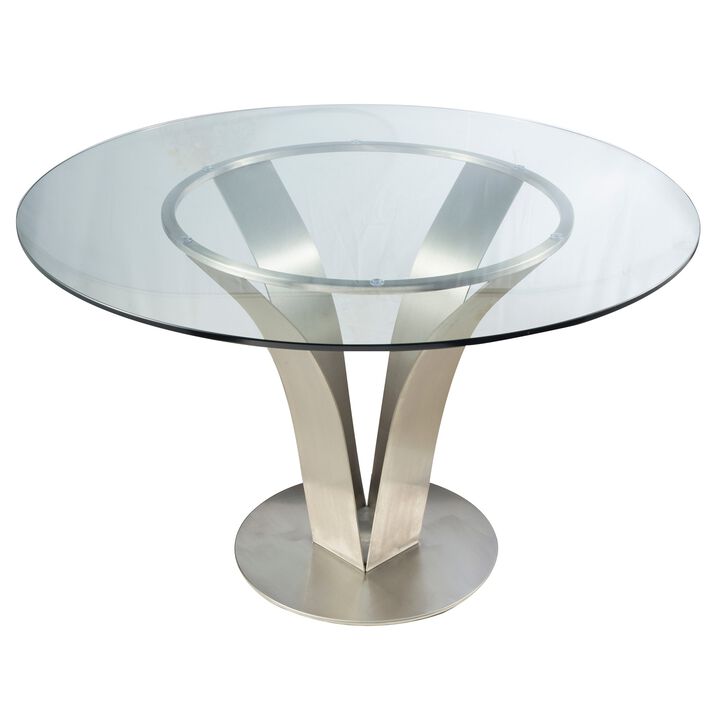 48 Inch Dining Table with Round Glass Top and Metal Base, Chrome-Benzara
