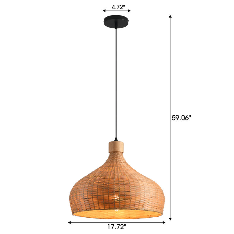 17.7" Boho Handwoven Bamboo Light Brown Dome Pendant Light for Living Room, Dining Room and Kitchen Island