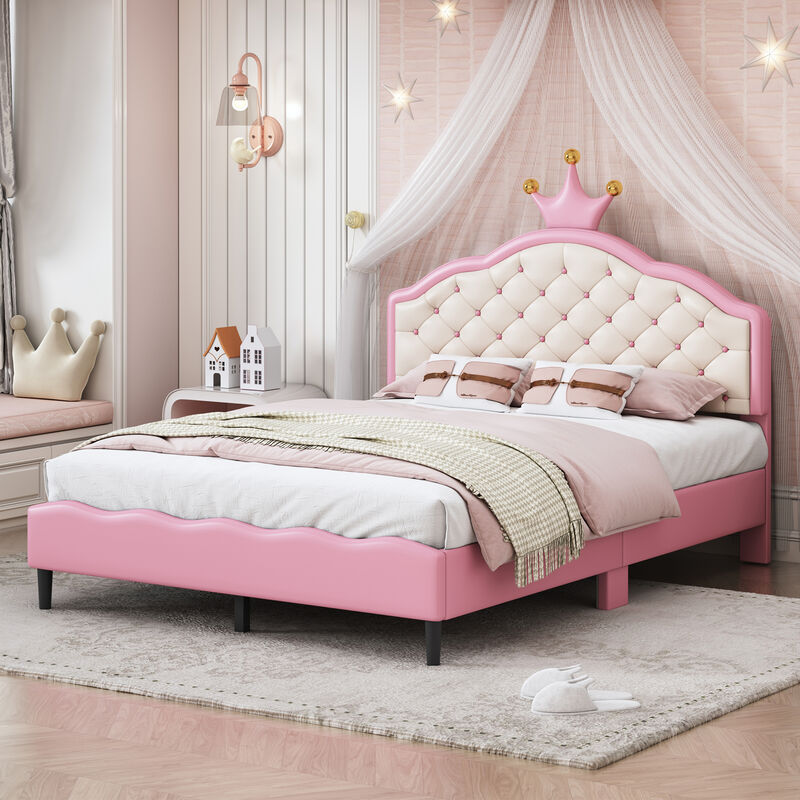 Merax Lovely Crown Fantasy PU Leather Princess Bed with Tufted Headboard