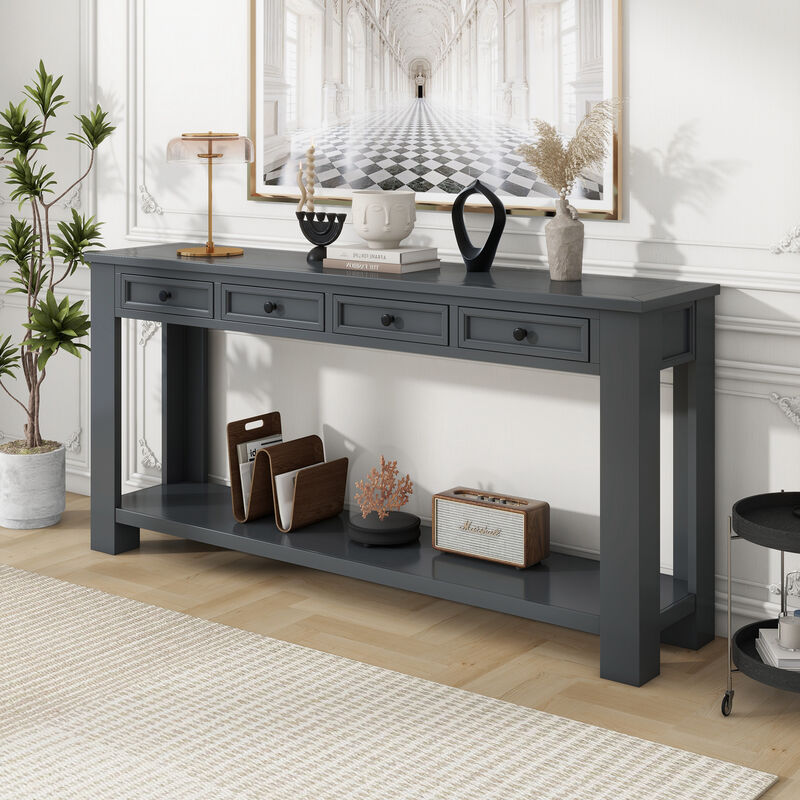 Whisen Rustic Rectangle Wood Console Table with 4-Storage Drawers and Bottom Shelf