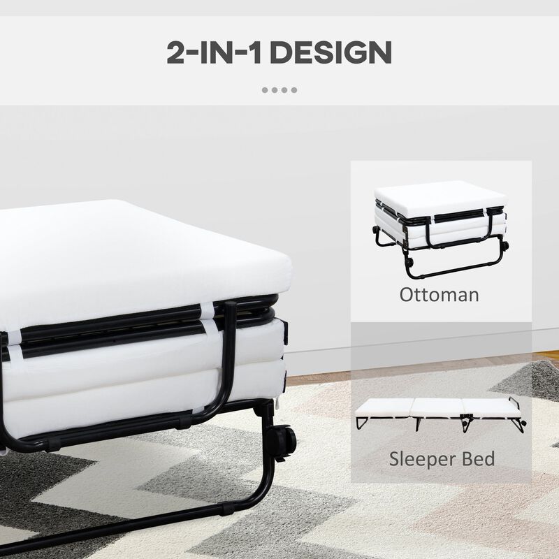 Versatile Guest Solution: White Folding Ottoman Sleeper Bed on Wheels