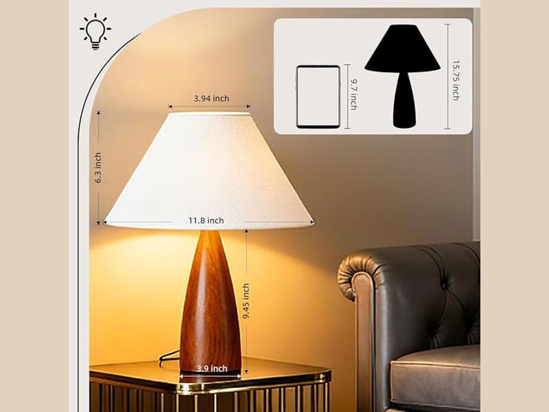 Bedside Table Lamp with Wood Base Linen Shade Farmhouse Vintage Nightstand Lamp image number 2