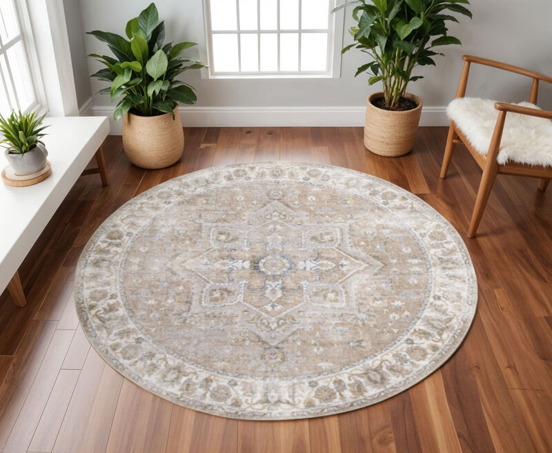 HomeRoots Floral Medallion Distressed Washable Round Rug image number 1