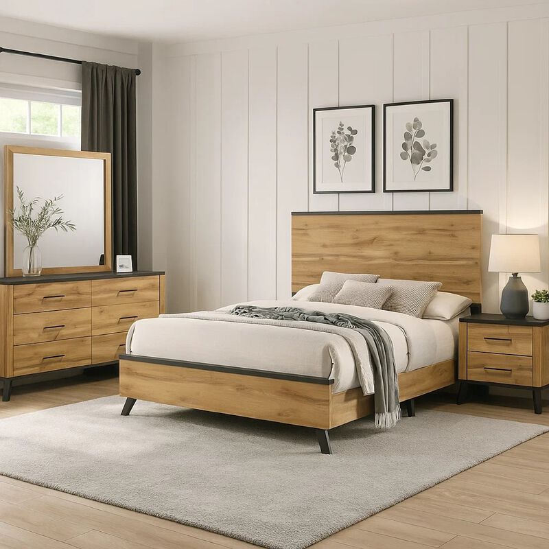 Wemy 4 Piece Full Size Bed Set, Rustic Brown Pine Wood, Tapered Legs image number 5