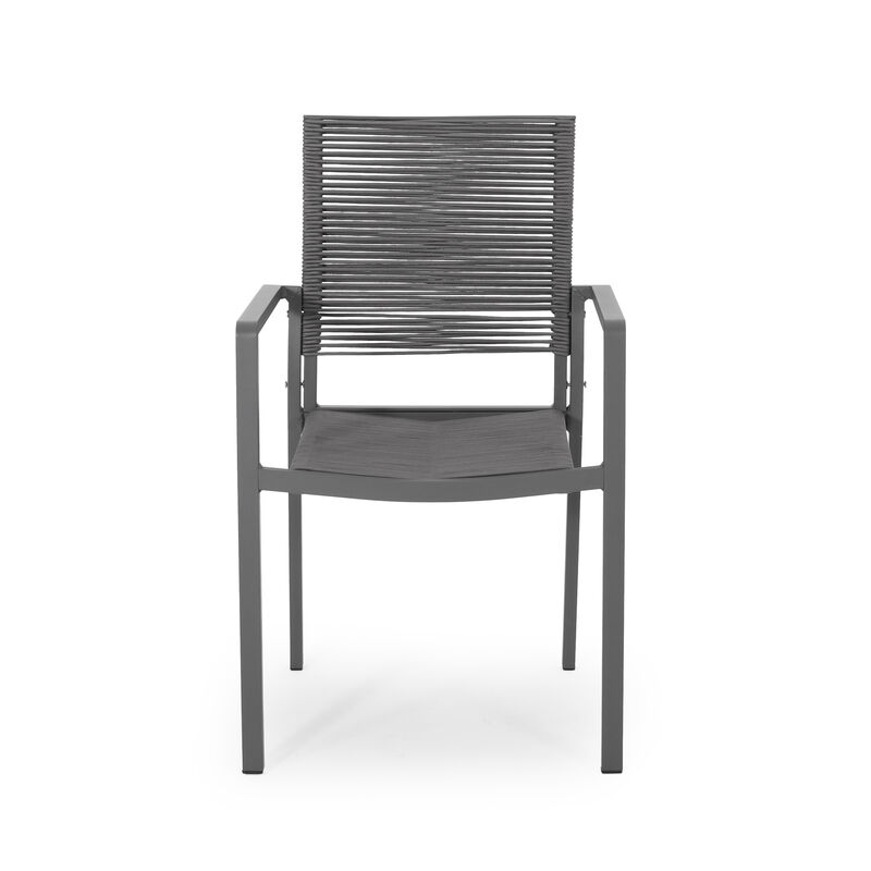 Teny Outdoor Dining Chair Set of 2, Open Back, Woven Rope, Dark Gray Metal - Benzara