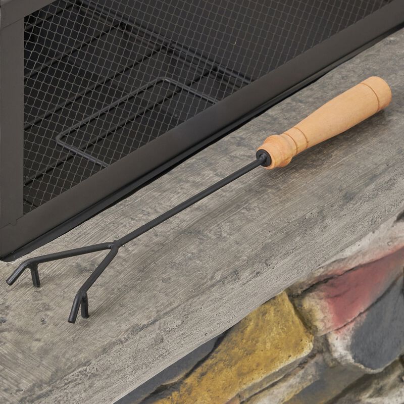 Mondawe 28.50 Inch Square Natural Stone Outdoor Patio Fire Pit with Spark Screen and Poker