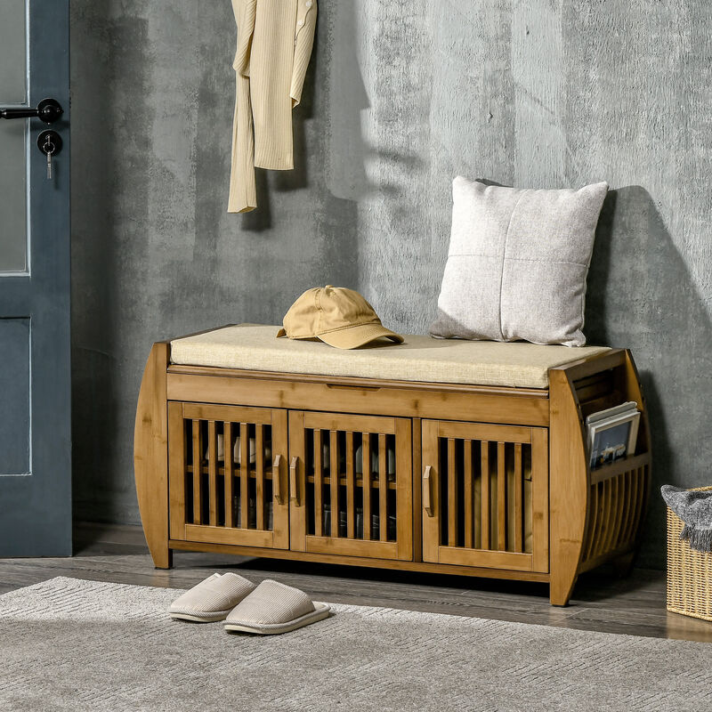 HOMCOM Shoe Bench with Storage Cabinets, Bamboo Entryway Bench with Seating Cushion, 3 Doors, Side Rack and Hidden Compartment for Hallway, Brown