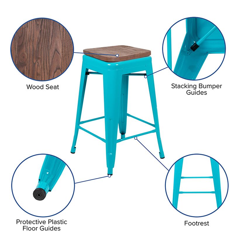 Flash Furniture Lily 24" High Metal Counter-Height, Indoor Bar Stool with Wood Seat in Teal - Stackable Set of 4