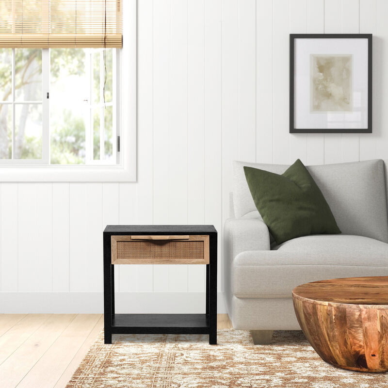 Rosette 22 Inch Side End Table, Natural Brown Rattan Front Drawer, Open Shelf, Black Mango Wood Frame