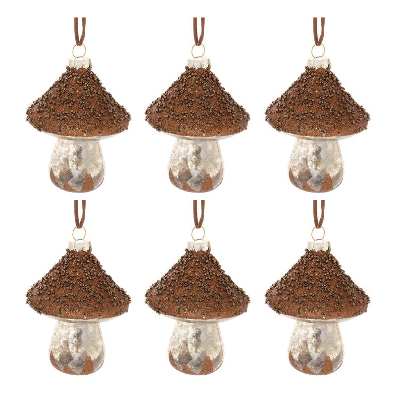 Holiday Ornaments Set of 6 Glass Mushrooms with Beaded Detail for Tree Styling