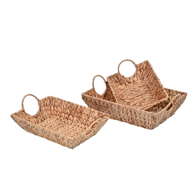 Rowan Bohemian Cottage Handwoven Hyacinth Rectangular Decorative Basket Trays with Handles