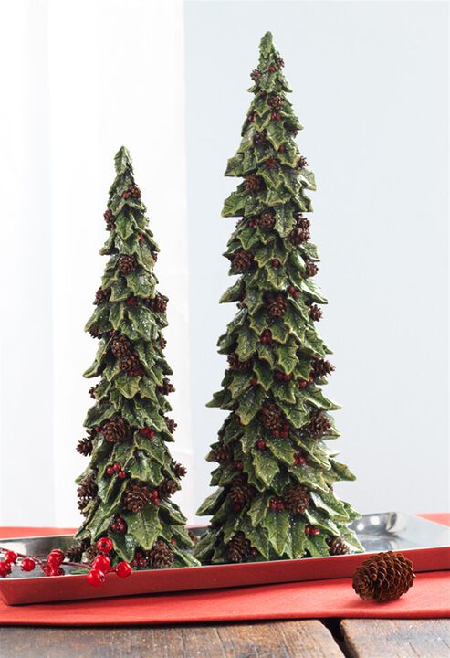 Set of 2 Holly Trees with Pinecone Accents for Seasonal Charm