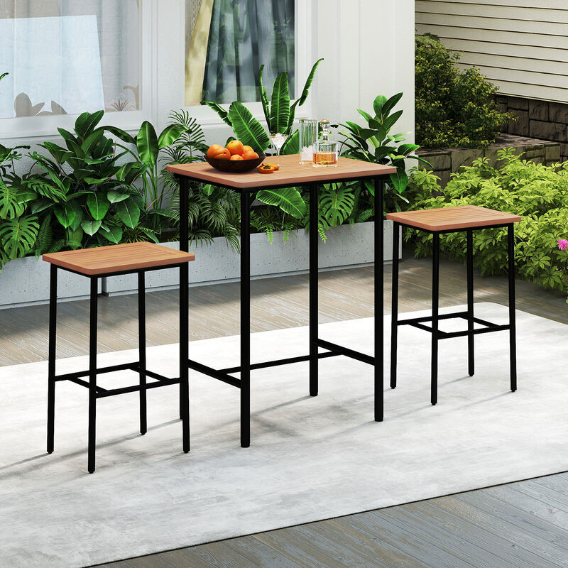 Acacia Wood Outdoor Bar Set 3 Piece with Rectangular Table and Metal Legs-Natural image number 1