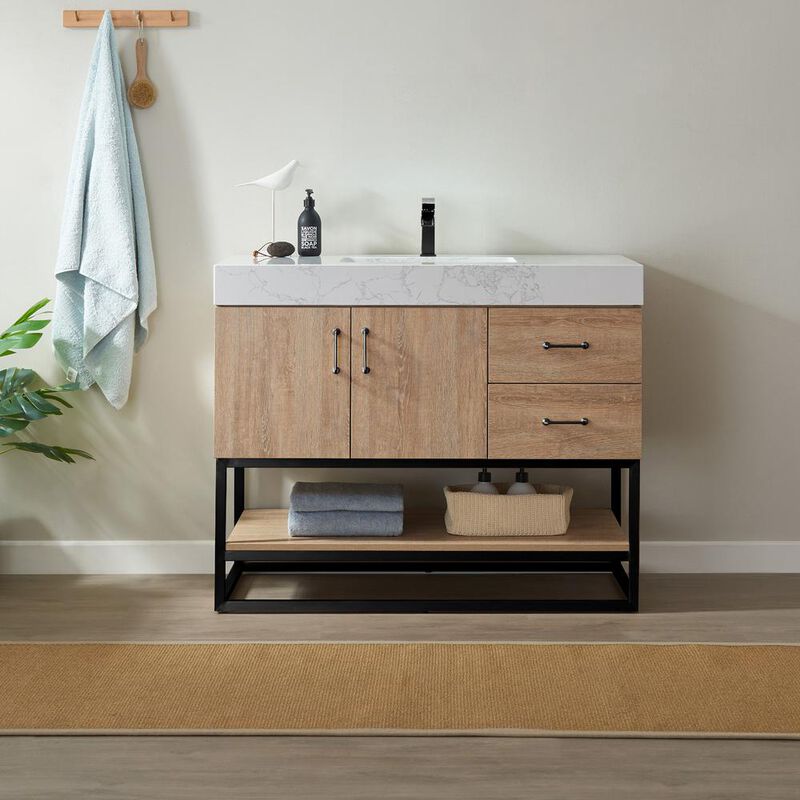 Vinnova Design 42B Single Vanity with White Grain Stone Countertop Without Mirror