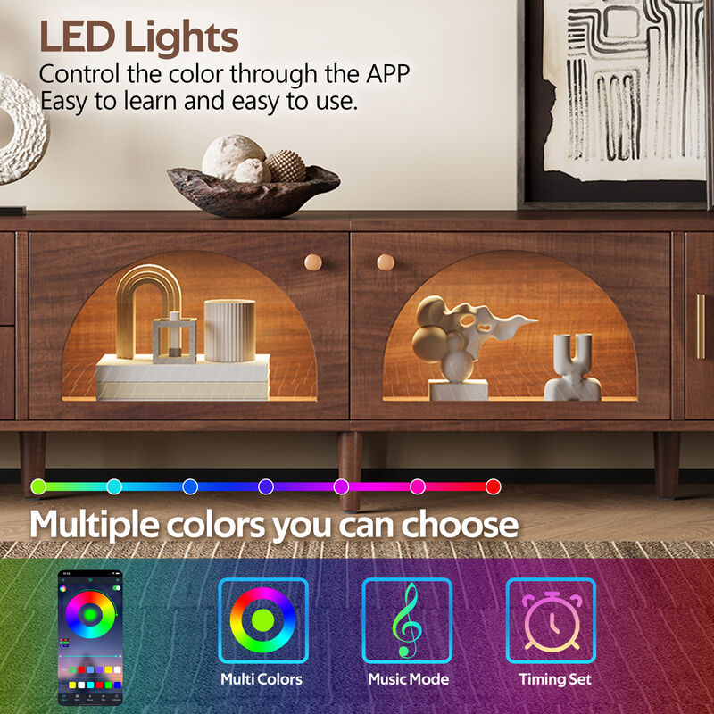 Merax Smart TV Cabinet with RGB LED Lighting, Rattan Doors, 2 Drawers, Closed Cabinet image number 5