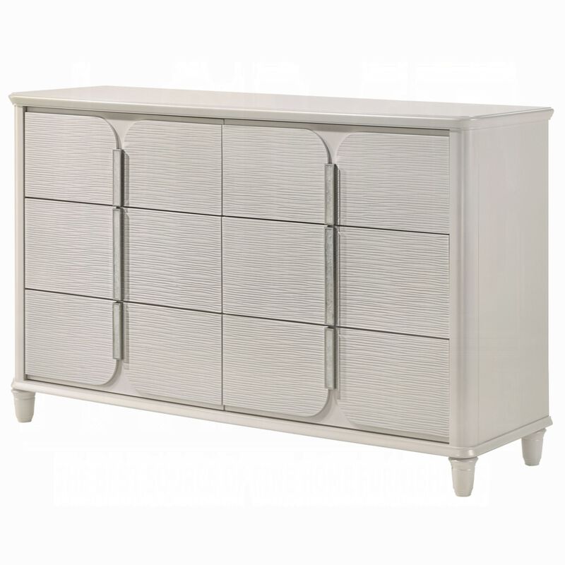 Veda Wide Dresser, Luxurious Pearl White Wood Finish, 6 Modern Drawers - Benzara