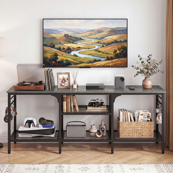 Modern TV Stand with Open Shelves and 4 Hooks Organizer
