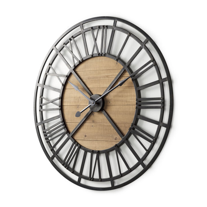 HomeRoots 42" Black And Natural Iron And Wood Analog Round Wall Clock