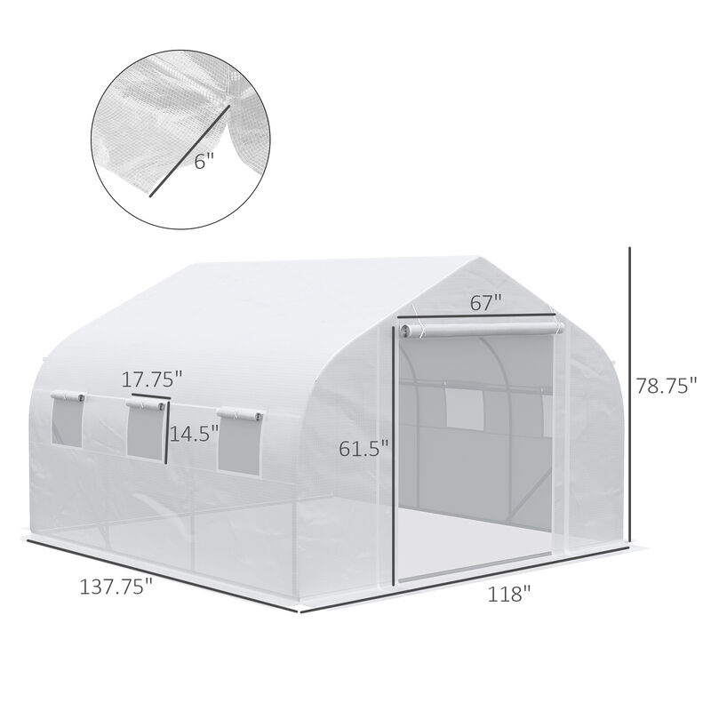 Outsunny 11.5' x 10' x 6.5' Outdoor Walk-in Greenhouse, Tunnel Green House with Roll-up Windows, Zippered Door, PE Cover, Heavy Duty Steel Frame, White