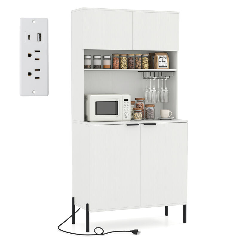 Tall Kitchen Storage Cabinet 64.5 Inches with Power Outlet and Wine Glass Rack image number 3