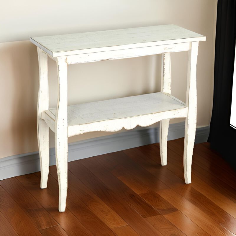 Rena Side End Table, Scallop Trim, 28 Inch Distressed White Mahogany