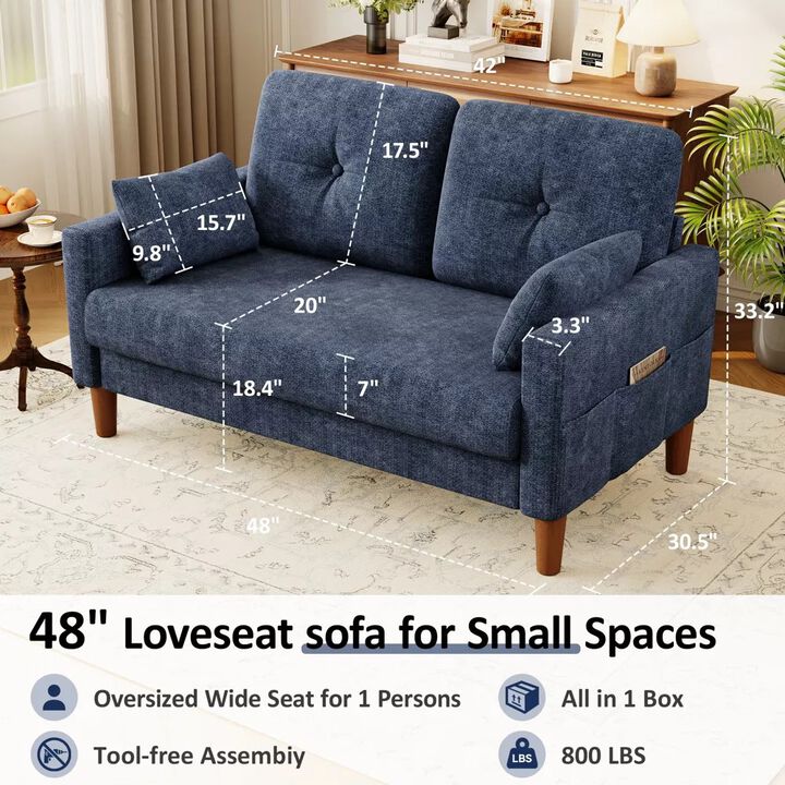 Vipbear 48" Chenille Loveseat Sofa for Small Spaces &ndash; 2-Seater Couch with Deep Seat, Side Pocket