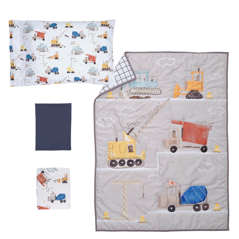 Bedtime Originals 4-Piece Construction Zone Gray/Navy/White Toddler Bedding Set