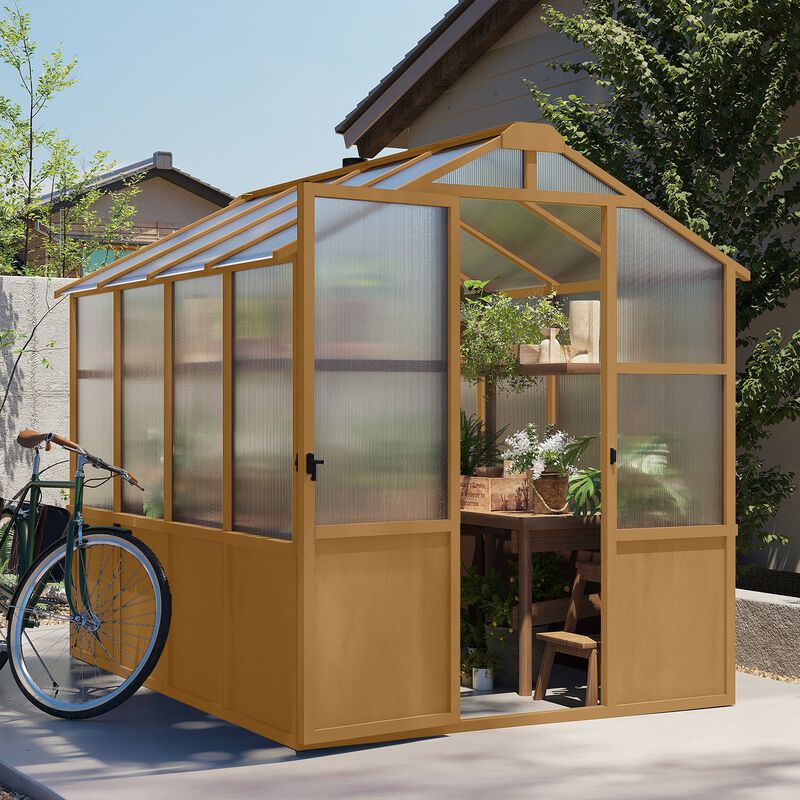 6x8 FT Greenhouse, Wooden Walk-in Greenhouse for Outdoors with Polycarbonate Panel and Adjustable Roof Vents image number 3