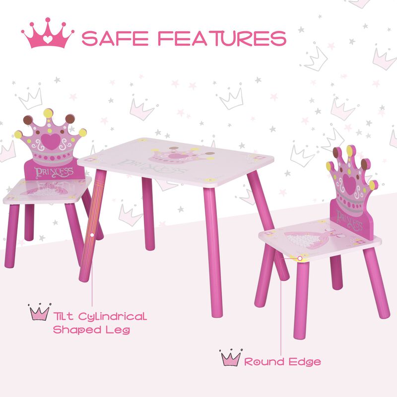 3-Piece Set Kids Wooden Table Chair with Crown Pattern Easy to Clean Gift for Girls Toddlers Age 3 to 8 Years Old Pink